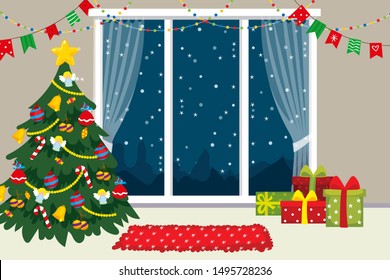 Vector illustration of white decorated room with a large window and a Christmas tree