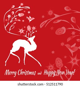Vector illustration of white deer on red background for New Yea and Christmas design. Template for greeting postcard, invitations, scrap booking, calendars, printed, textiles, wrapping, website etc.