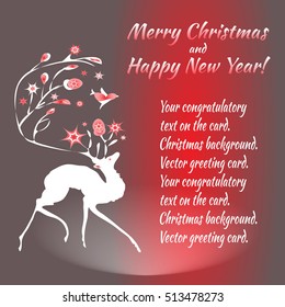 Vector illustration of white deer on red and gray background for New Yea and Christmas design. Template for greeting postcard, invitations, scrapbooking, calendars, printed, wrapping, website etc.
