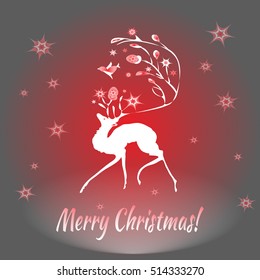 Vector illustration of white deer on red and gray background for New Yea and Christmas design. Template for greeting postcard, invitations, scrapbooking, calendars, printed, wrapping, website etc.