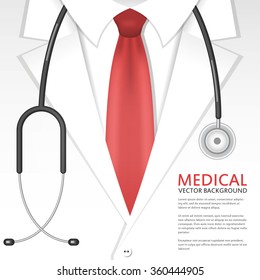 Vector illustration with white doctor uniform and stethoscope. Medical and healthcare background