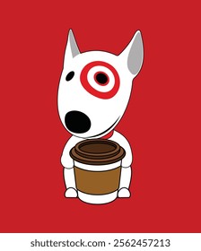 Vector illustration of a white dog with a red bullseye target circle around its eye, holding a coffee paper cup with a lid. A fun and modern design blending pet charm with coffee culture vibes.