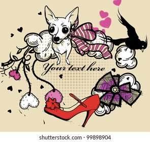 vector illustration of a white doggy, red shoes and a bird with fantasy clouds