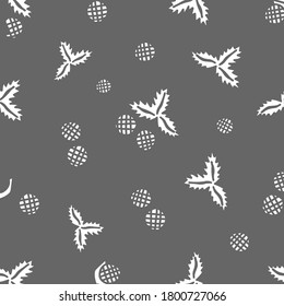 Ilustración vectorial de hojas de doodle blancas y conos o bayas aisladas en un fondo gris, patrón sin soldadura