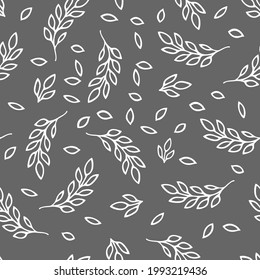 Una ilustración vectorial de hojas de doodle blancas aisladas en un fondo gris, patrón sin costura