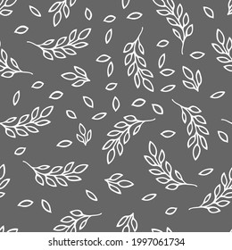A Vector Illustration of white doodle leaves isolated on a gray background, Seamless pattern