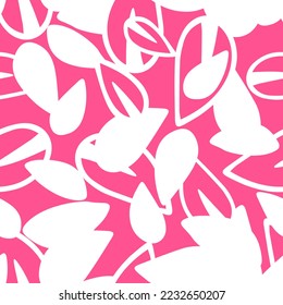 Ilustración vectorial de hojas de doodle blancas aisladas en un fondo rosado, patrón sin costura