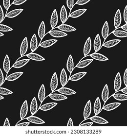 Vector Illustration of white doodle leaves isolated on a gray background, Seamless diagonal pattern