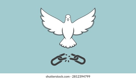 A vector illustration of a white dove in flight soaring above a pair of broken metal chains signifying liberty liberation and the end of oppression