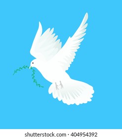Vector illustration of white dove flying way up in a blue sky with green twig in beak. Symbol of peace