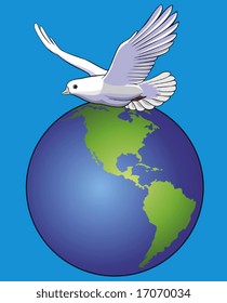 Vector illustration of white dove over globe