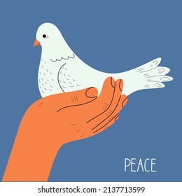 Ilustración vectorial con paloma blanca en las palmas. Fondo azul. Concepto de paz