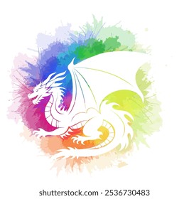 Vector illustration of a white dragon silhouette on a rainbow watercolor background. Silhouette of a mythological creature on multicolored watercolor splashes for card and banner