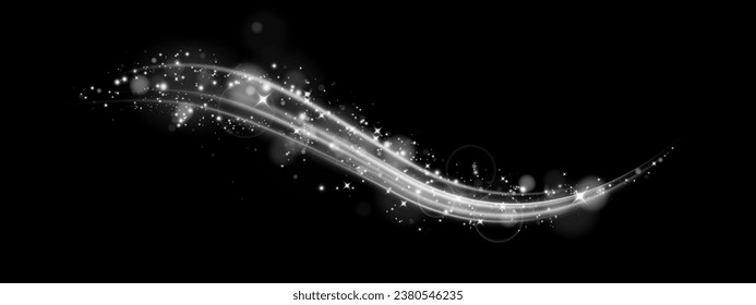 Vector illustration of white dynamic lights and light lines, with flying sparks effect, isolated on black background. Abstract background for concepts of science, light, speed, futuristic and energy t