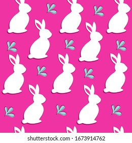 Vector illustration with white easter bunny on a raspberry background seamless pattern. Happy Easter concept