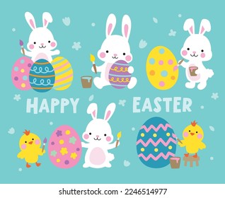 Vector illustration of white easter bunny rabbits and chickens painting Easter eggs.