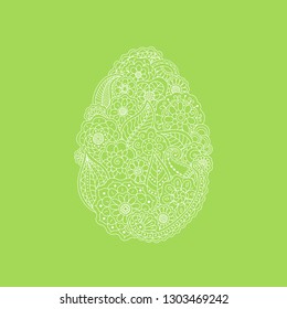 Vector illustration of white Easter egg from floral doodle element - line art flower; paisley; leaf. Holiday Easter symbol on green background