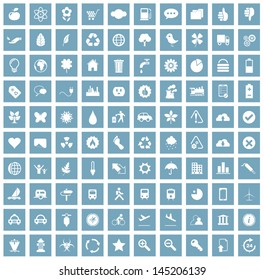 Vector illustration of white ecology and other various icons in blue squares.