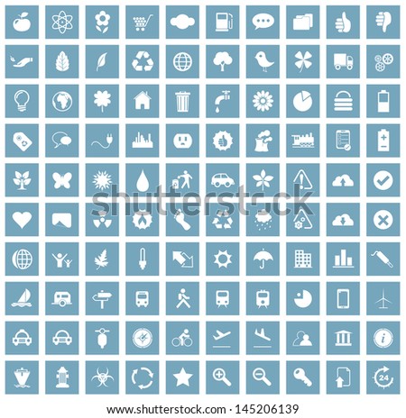 Vector illustration of white ecology and other various icons in blue squares.
