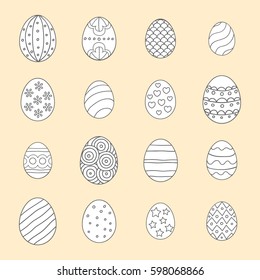 Vector illustration: white  egg icons with black stroke ornaments for Easter holidays design isolated on yellow background.