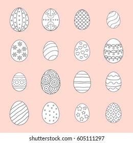 Vector illustration: white egg icons with black stroke ornaments for Easter holidays design isolated on peach background.