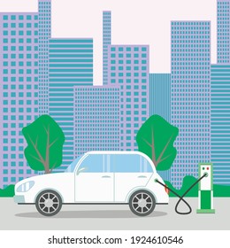 Vector illustration - a white electric car on a charge near a charger in a big city with modern tall houses and green trees and a copy space. The concept of environmental preservation