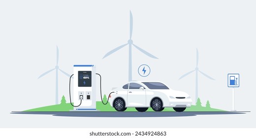 vector illustration of a white electric car near a charging station with three wind turbine silhouettes in the background. charging station sign. concept illustration of green energy. 