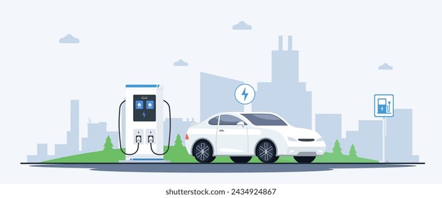 Vektor-Illustration eines weißen Elektroautos in der Nähe einer Ladestation mit einer Stadt-Silhouette im Hintergrund. Konzept-Illustration von grüner Energie. Vektor-Illustration Design.