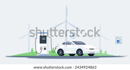 vector illustration of a white electric car near a charging station with three wind turbine silhouettes in the background. charging station sign. concept illustration of green energy. 