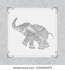 Vector illustration of white elephant silhouette with grey ethnic tribal ornament with decorative frame on light gray cracked background 