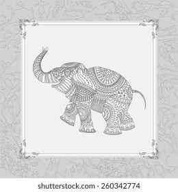 Vector illustration of white elephant silhouette with grey ethnic  ornament on light grey background with decorative frame 