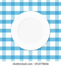 Vector illustration. White empty plate on blue checkered tablecloth.