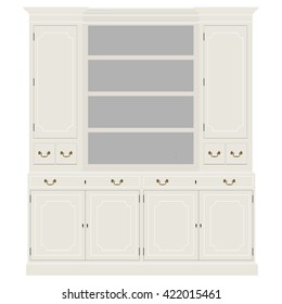 Vector illustration white empty vintage cabinet. Retro interior furniture. Bookshelf