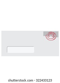Vector illustration white envelope with transparent window, two postmarks and round post stamp