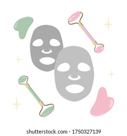 Vector illustration white facial cosmetic. Flat vector mask. Beauty, cosmetic, makeup, healthy, lifestyle. Quartz roller.