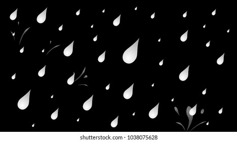 Vector illustration of white falling rain drops on black background