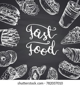 Vector illustration with white fast food contour elements surrounding lettering on black chalkboard background