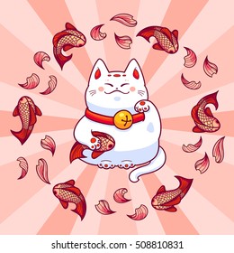 Vector illustration of white fat cat with a raised paw, holding red fish, surrounded by fishes and sakura flowers petals, maneki neko, symbol of good luck, wealth and well-being