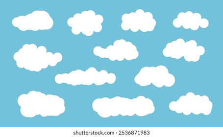 Vector illustration of white flat clouds on blue sky. Cloudy sky background. Set of clouds.