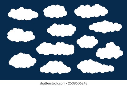 Vector illustration of white flat clouds on dark blue sky. Cloudy sky background. Set of clouds.