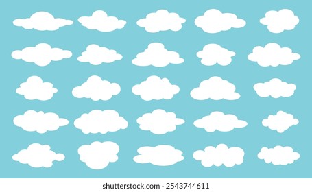 Vector illustration of white flat clouds on blue sky. Set of clouds. Cloudy sky background. 