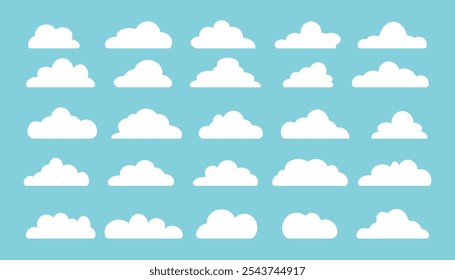 Vector illustration of white flat clouds on blue sky. Cloudy sky background. Set of clouds.