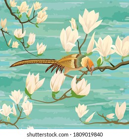 Vector illustration of white flower and bird handwritten on turquoise background
