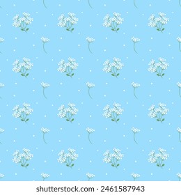 Ilustración vectorial de flores blancas sobre un fondo azul, estilo lindo, colores pastel brillantes para el diseño de patrones de tela. Papel de regalo, Fondo de pantalla, ropa de cama, bolsos son interminables.