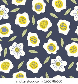 Ilustración vectorial de flores blancas y plantas en un estilo escandinavo sin fisuras sobre fondo azul oscuro, gran elemento para su diseño