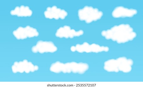Vector illustration of white fluffy clouds on blue sky. Cloudy sky background. Set of clouds.