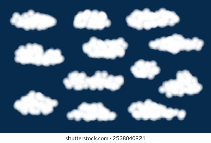 Ilustración vectorial de nubes blancas y esponjosas en el cielo azul. Fondo de cielo nublado. Conjunto de nubes.