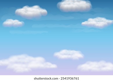 Vector illustration of white fluffy clouds on blue sky. Cloudy sky background. 