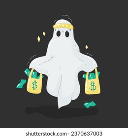 Ilustración vectorial. Espíritu blanco volador. Un personaje en una hoja de cama. Bolsas amarillas con dinero. Dólares verdes. Halloween, otoño. Fotos de vacaciones. Fondo oscuro y estrellas