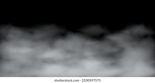 Vector illustration of white fog or clouds isolated on black background. Transparent effect. 